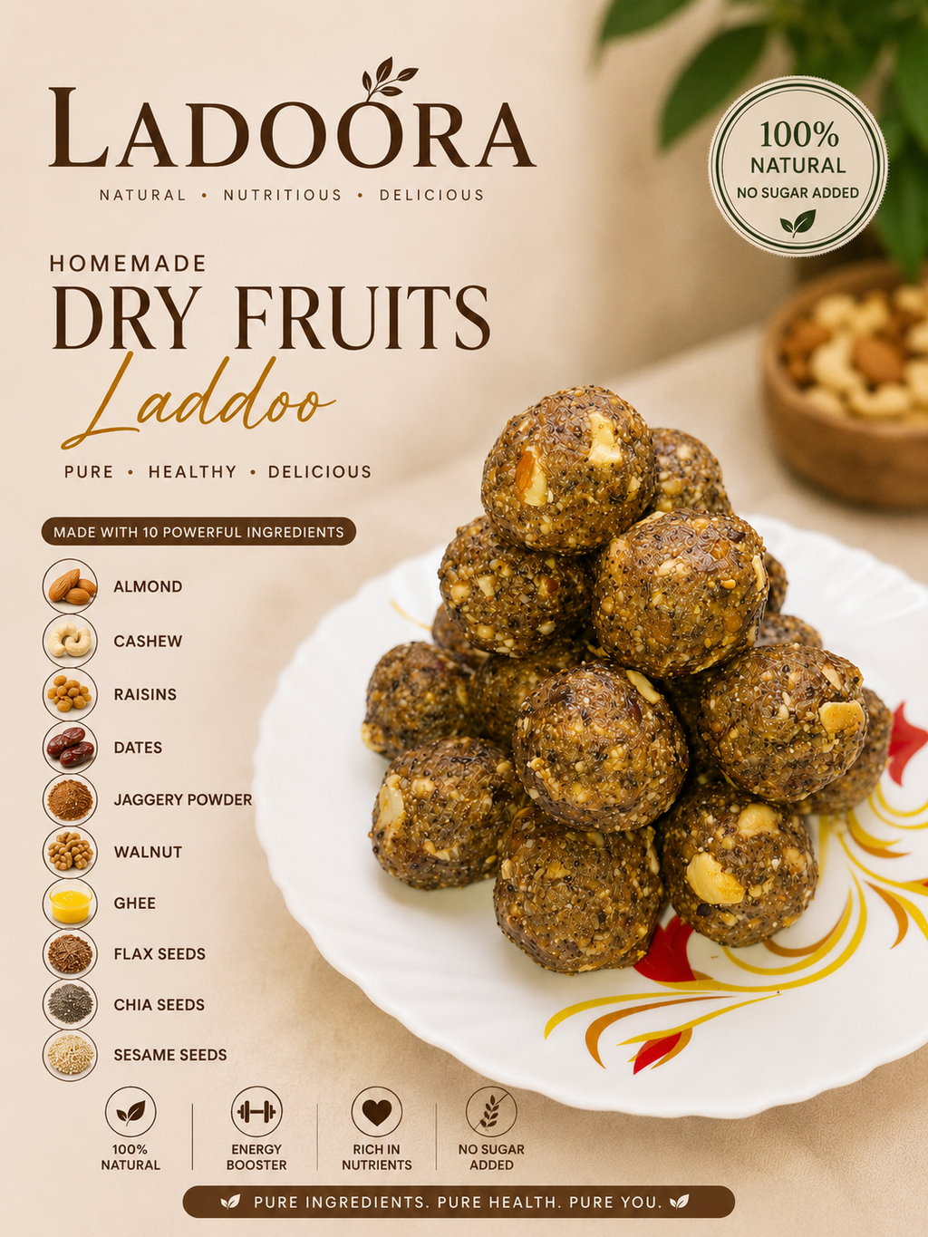 Ladoora Premium Dry Fruit Ladoos | Handmade with 10 Dry Fruits | No Added Sugar